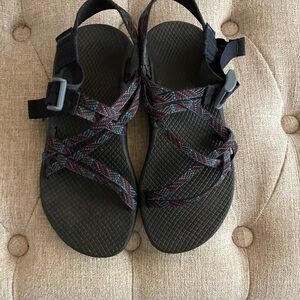 Chaco Women's Sandals in Black with Blue and Burgundy Webbing